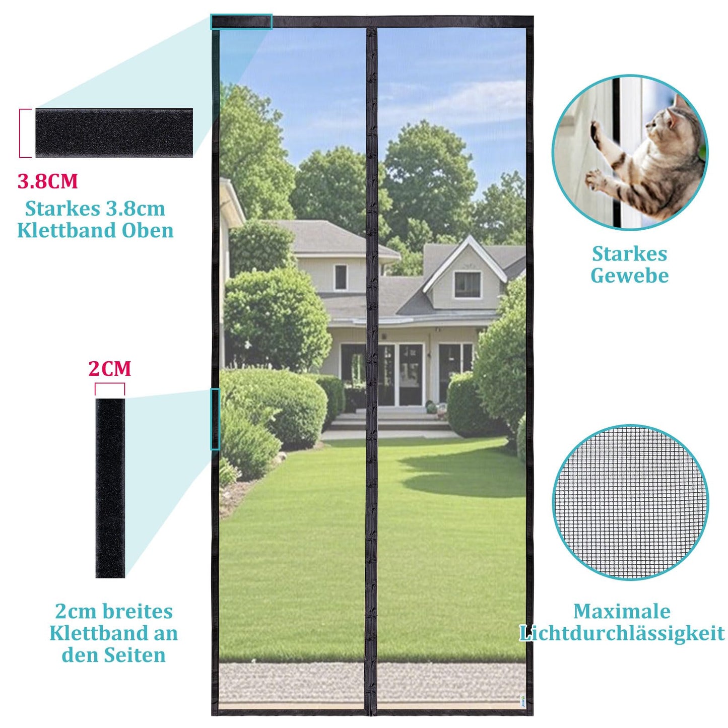 👉 Fliegengitter Tür mit Magnet, Insektenschutz für Balkontür 90x210 cm, Lichtdurchlässig, Reißfest & Wetterfest, Starke Magnete, 3.8 cm Klettband, Nicht Kürzbar