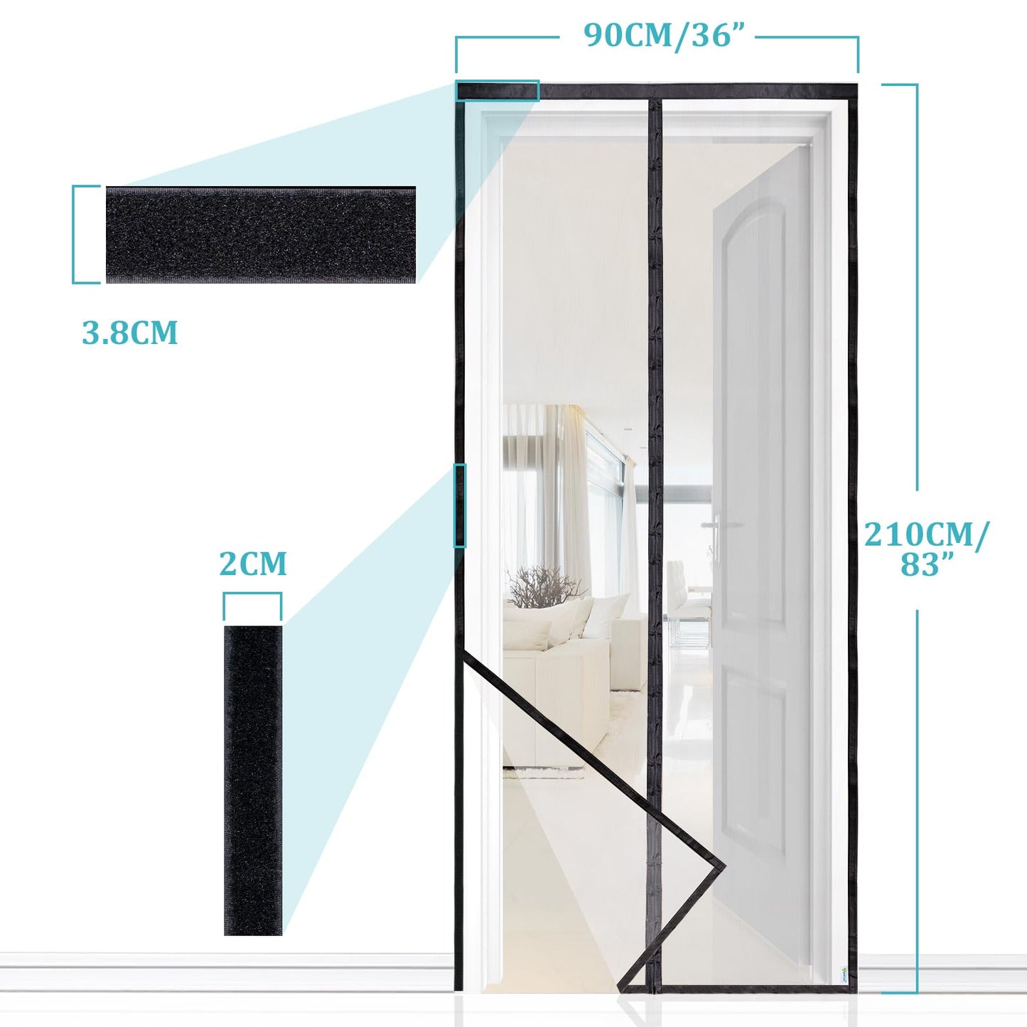 👉 Fliegengitter Tür mit Magnet, Insektenschutz für Balkontür 90x210 cm, Lichtdurchlässig, Reißfest & Wetterfest, Starke Magnete, 3.8 cm Klettband, Nicht Kürzbar